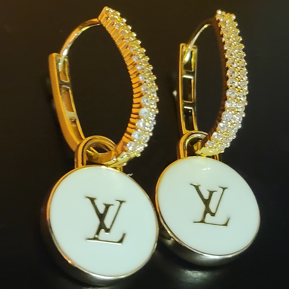 Gold, Crystal and White LV Double Sided Charm Oval Hoop Earin…
